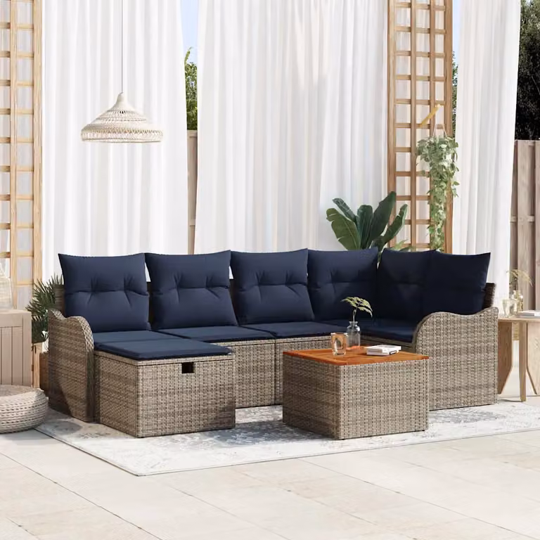 Set Divano da Giardino vidaXL 7 Pezzi in Polyrattan Grigio con Cuscini e Tavolino