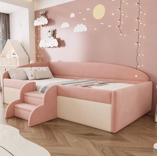 Letto imbottito per bambini 90 x 190 cm in velluto con scalini e sponde; rosa e crema