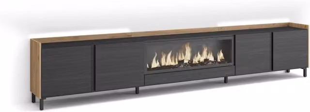 Mobile TV Soggiorno, 315x61x35 cm, Per TV fino a 80", Camino elettrico XXL, Design industriale, LED, Nero e rovere