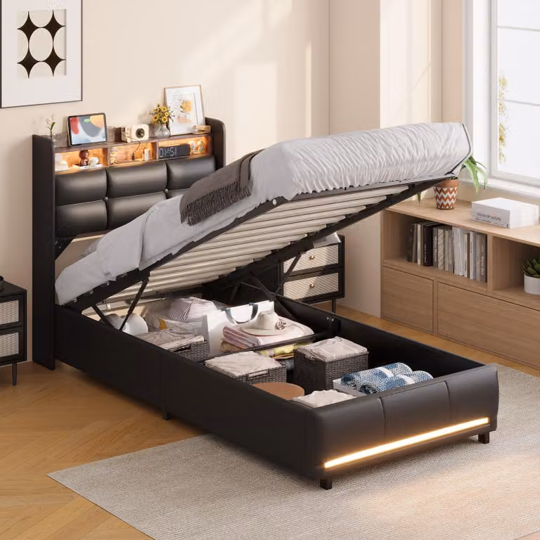 Letto imbottito 90x200 cm con spazio contenitore a sollevamento idraulico, letto singolo con rete a doghe, illuminazione LED, testiera con vano portaoggetti e presa di corrente, struttura del letto imbottita, colore nero, senza materasso