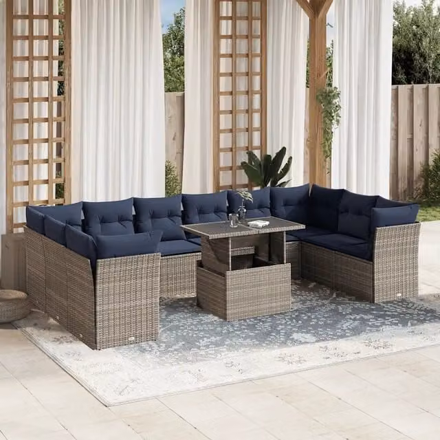 Set da giardino moderno vidaXL composto da 11 pezzi con divani a L, tavolino da caffè e cuscini grigi in polyrattan e acciaio verniciato a polvere