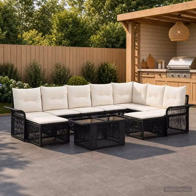 Set Divano da Giardino 10 pz Nero e Bianco Crema polyrattan 3436726