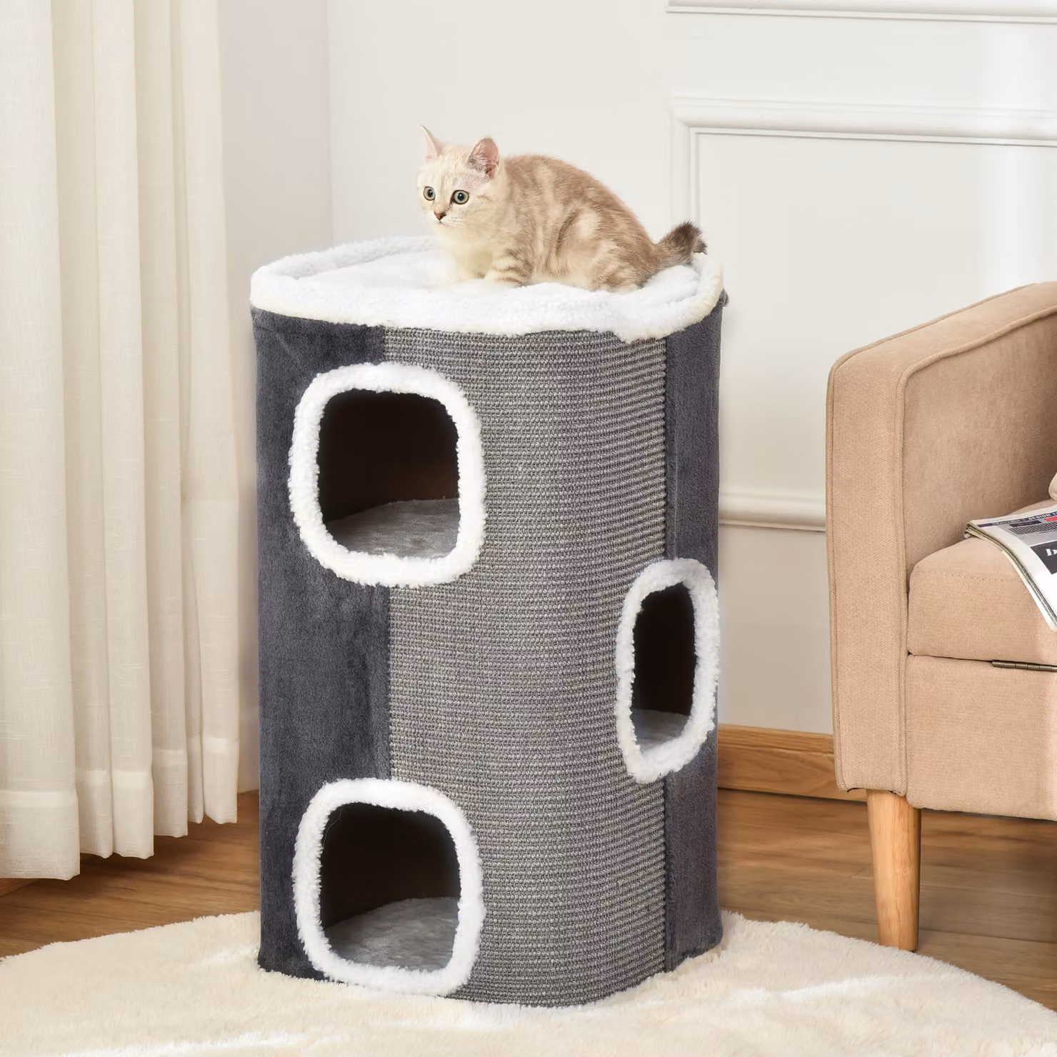 Albero graffiante per gatti PawHut con 3 livelli, strutture in sisal e velluto, Grigio e Bianco, L/P/H: 40 x 40 x 74 cm – 2