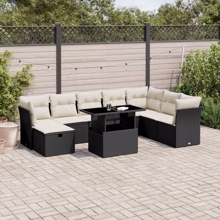 Set Divani da Giardino vidaXL 9 pz con Cuscini e Tavolino, Design Moderno a L in Polyrattan Nero e Bianco con Struttura in Acciaio