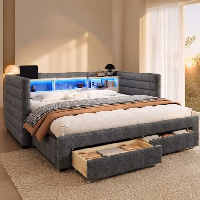 Letto REDOM moderno in velluto grigio con illuminazione sottostante, porte di ricarica USB e cassetti, L/P/H: 90 x 190 x 109 cm