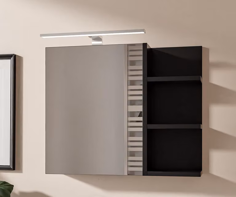 Armadietto Bagno Nero con Specchio e Luce LED 60x50 cm Pensile Bagno 1 Anta Apertura Senza Maniglia Ripiani a Destra
