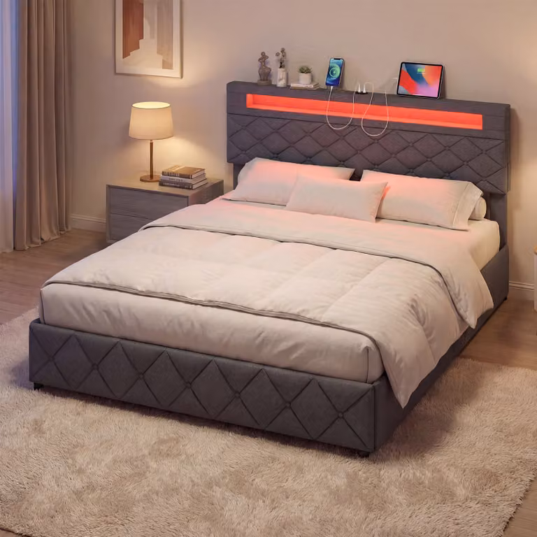 Costway Letto Matrimoniale Moderno con Cassetti, Luci LED e Porte USB, Struttura Imbottita in Tessuto Grigio con Doghe in Legno, L/P/H: 207,5 x 165 x 101-114,5 cm