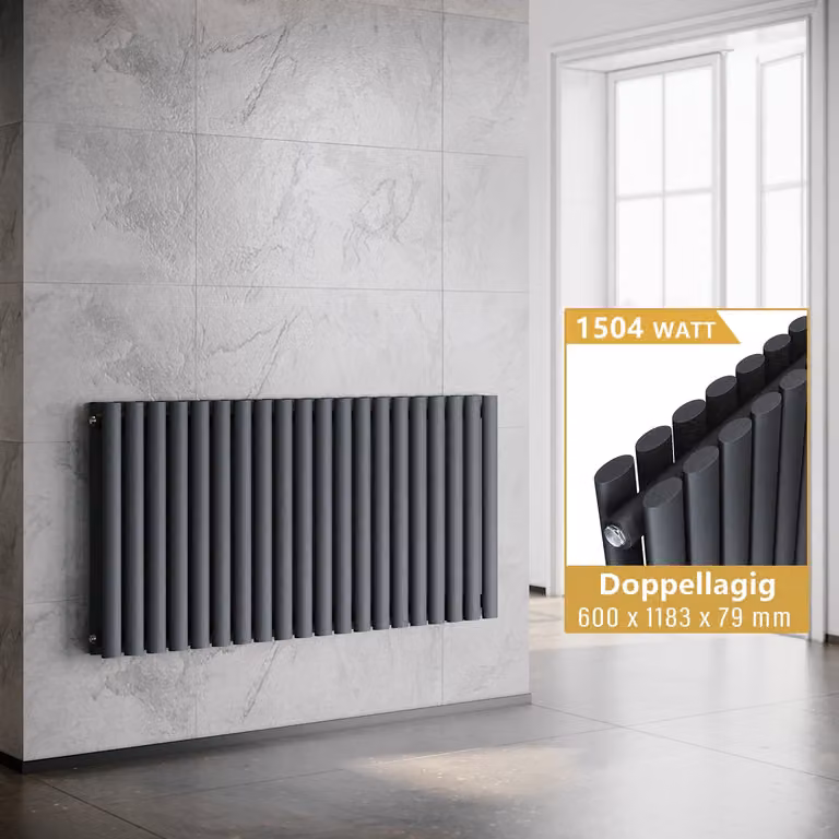 SONNI - Radiatore a tubi orizzontali, a due strati, colore antracite, dimensioni 600x1183 mm, senza resistenza riscaldante