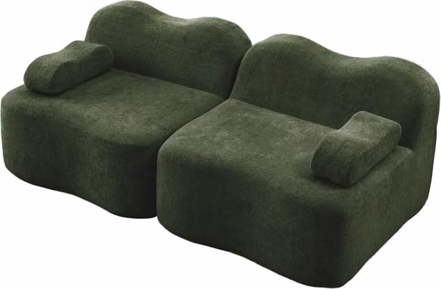 Divano modulare boneless a 2 posti con cuscini profondi e rivestimento in velluto verde, senza montaggio