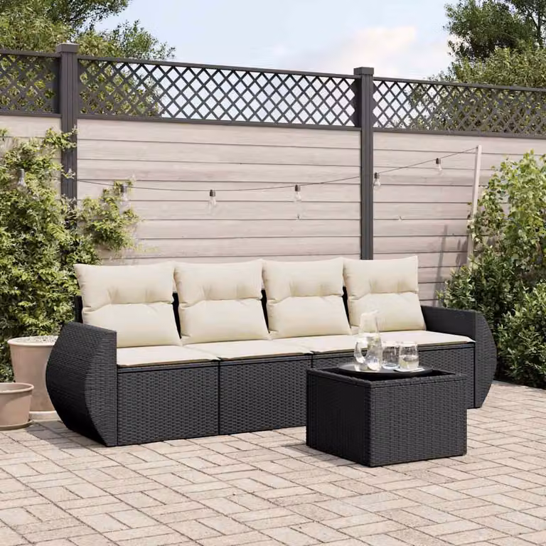 vidaXL Set Divani da Giardino a L 5 pz in Polyrattan Nero con Cuscini e Tavolino da Caffè