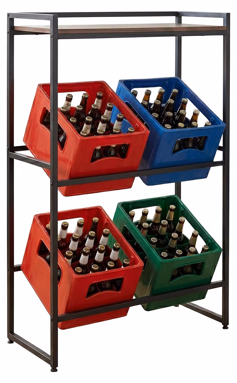 Scaffale per casse di bevande Relaxdays, 4 casse, A x L x P: 117 x 74 x 32 cm, ripiano, porta casse in stile industriale, marrone/nero