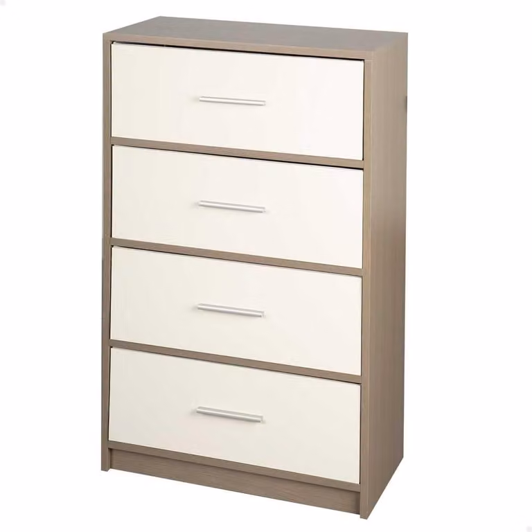 Comodino con 4 cassetti, in legno, dimensioni 58 x 30 x 91 cm, colore grigio-bianco, ideale per la camera da letto
