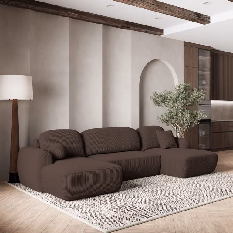 Divano angolare SAVONA P di Masseno con funzione letto a U, divano con box letto, divano da soggiorno, divano, divano letto, set di divani - marrone, POSO 06
