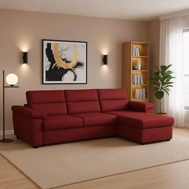 Divano angolare DMORA Ceto rosso con penisola sfoderabile e struttura in legno Made in Italy L/P: 285 x 160 cm – 1