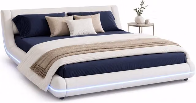 Letto a pavimento ULEVR 160x200 cm in PU bianco con illuminazione LED multicolore regolabile