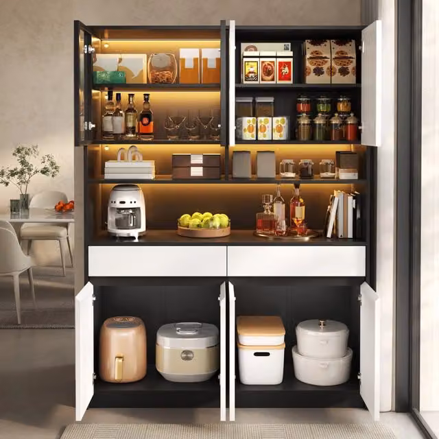 Credenza Alta con Luci LED in MDF Bianco e Nero 120x38x160 cm Mobile Soggiorno con Vetrina e Cassetti
