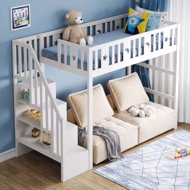 Letto a soppalco per bambini 90x200 cm in legno massello bianco con scala e parapetto