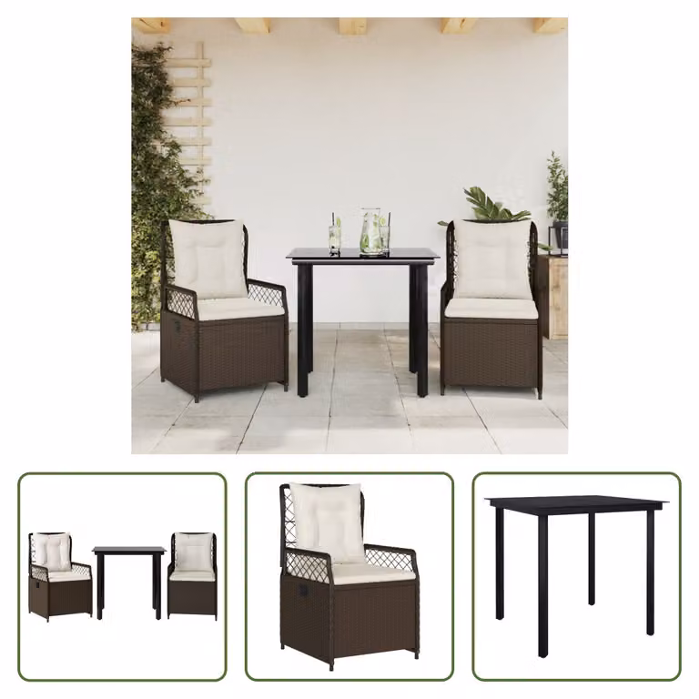 The Living Store Set da pranzo da giardino in 3 pezzi con cuscini in poly rattan marrone