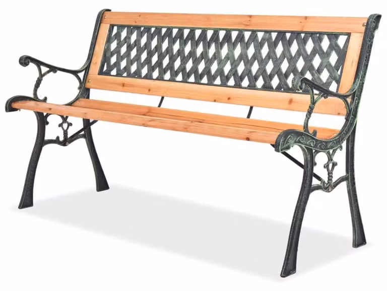 Panca da giardino in stile nostalgico con struttura in ferro battuto, 122 cm