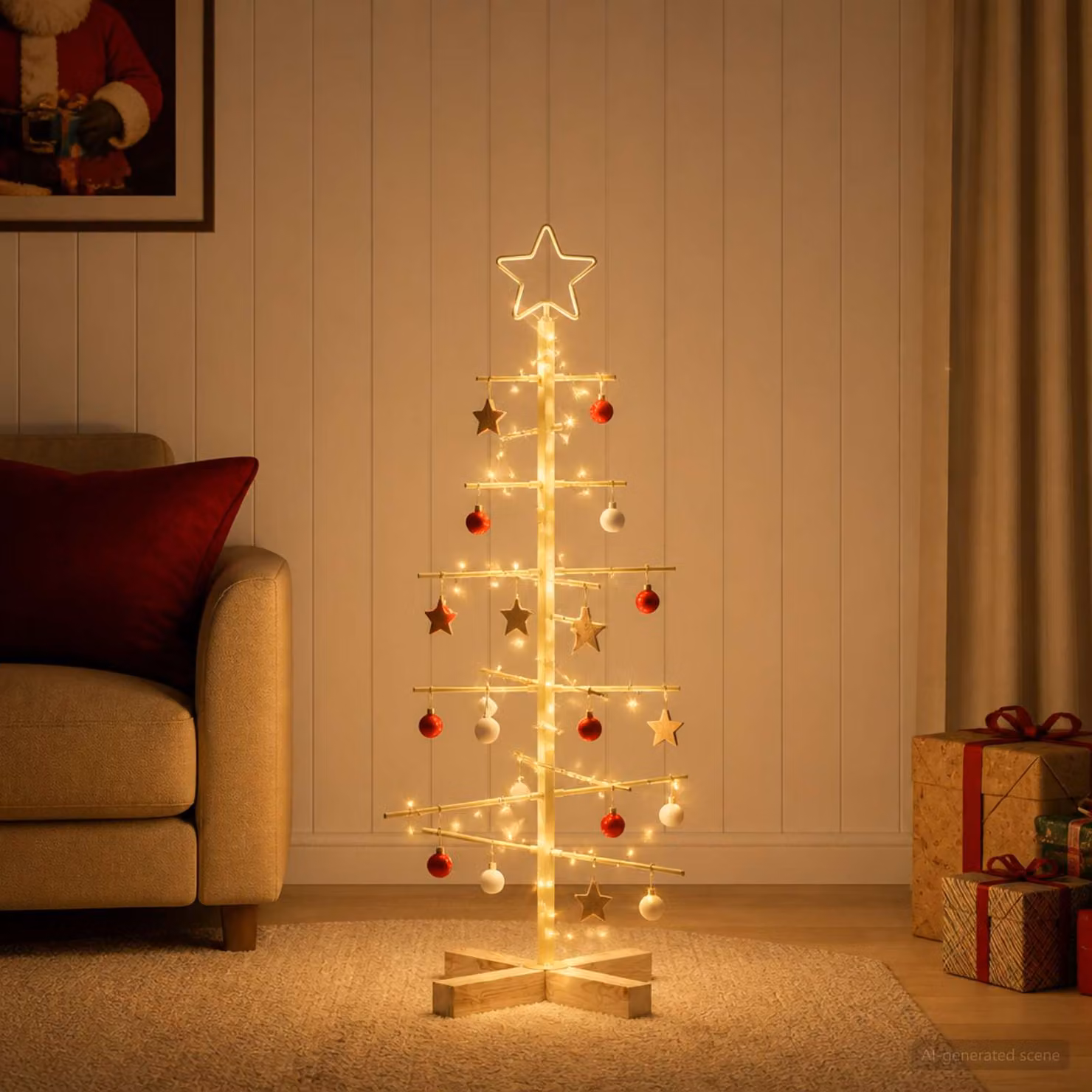 Albero di Natale moderno vidaXL KUOPIO in metallo e legno, colore oro, Altezza: 90 cm