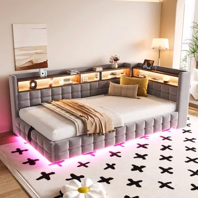 Letto imbottito 90x200 cm con contenitore idraulico; mensole in legno e luci LED; velluto grigio chiaro