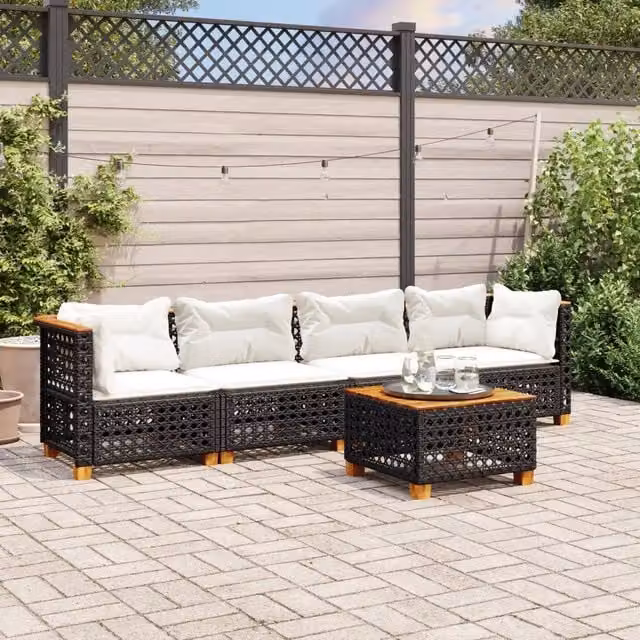Set da giardino moderno vidaXL composto da 5 pezzi in polyrattan nero con cuscini inclusi e tavolino coordinato – 1