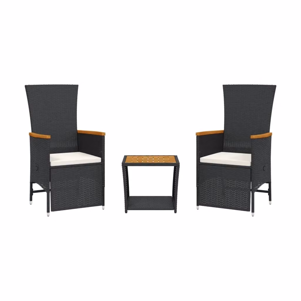 Set da Pranzo da Giardino 3 pz vidaXL in Polyrattan e Legno di Acacia con Cuscini Nero – 2