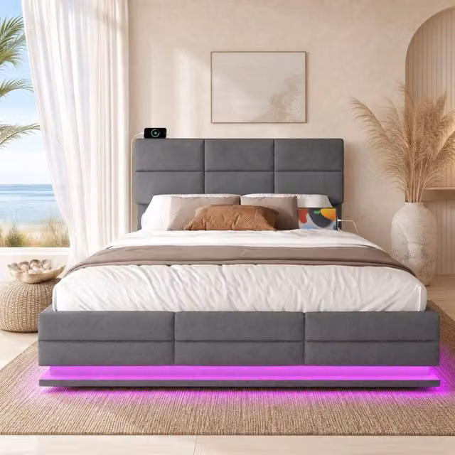 Letto matrimoniale 160x200 cm in velluto grigio scuro con LED; USB e vano contenitore