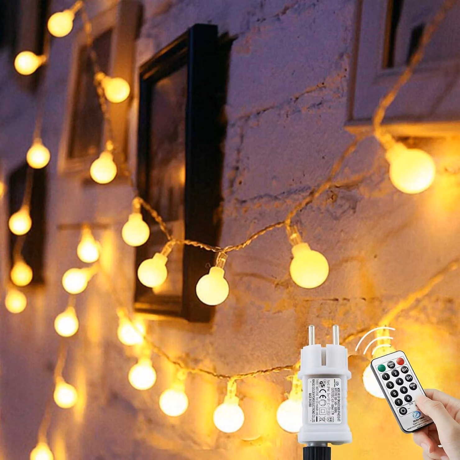 Catena luminosa da 15 metri - 120 LED - Con spina - Grado di protezione IP44 (resistente all'acqua) - Telecomando - Luce bianco caldo - Ideale per Natale
