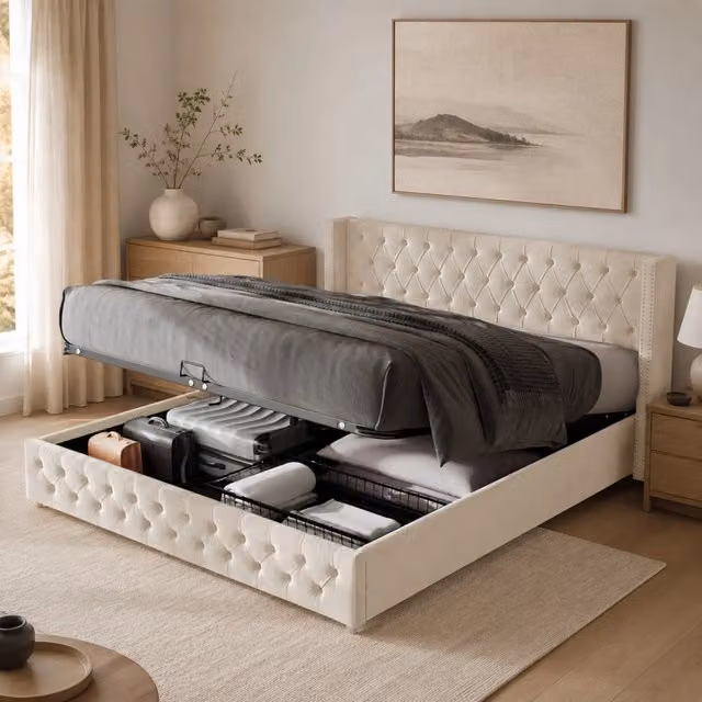Letto matrimoniale imbottito ULEVR 160x200 cm con contenitore idraulico, velluto beige e testiera Chesterfield