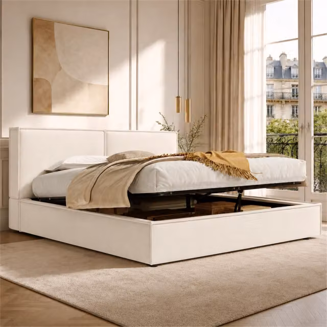 Letto imbottito con contenitore idraulico e testiera, 180x200 cm, lino beige