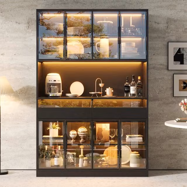 Vetrina con LED, 8 ante in vetro, 2 cassetti e vano aperto per soggiorno e sala da pranzo, MDF nero, 120 × 40 × 180 cm