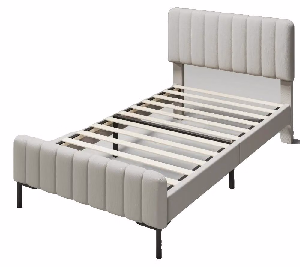 Letto matrimoniale, design moderno imbottito, testiera regolabile, 140×200 cm, grigio e beige-a