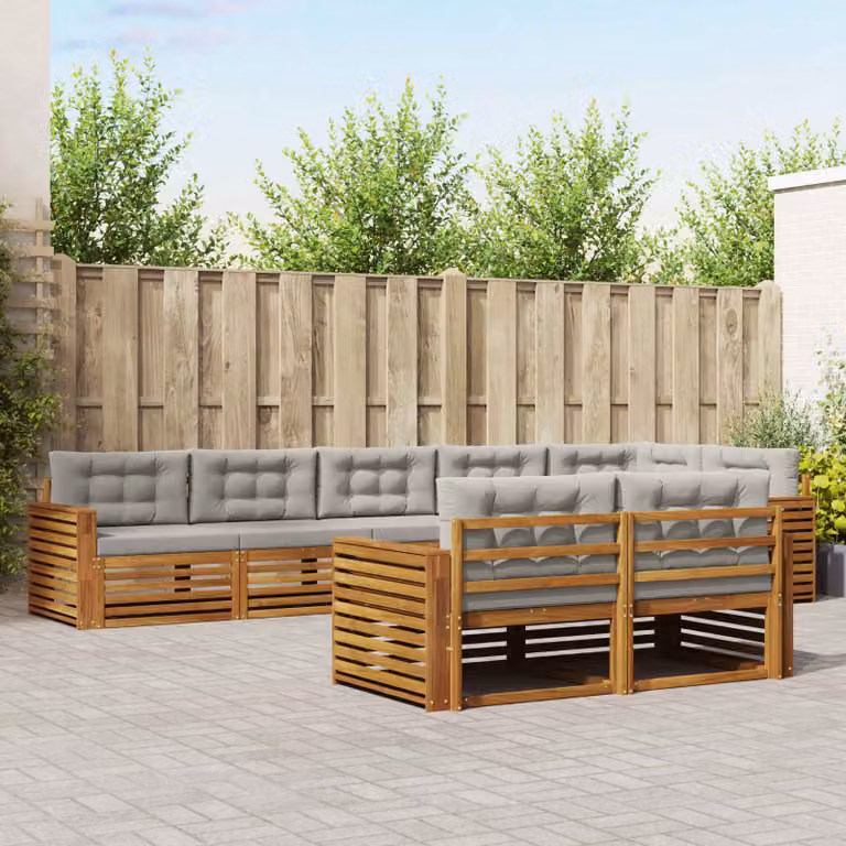 vidaXL Set di divani da esterno a L composto da 8 pezzi in legno di acacia con cuscini, Grigio e Marrone