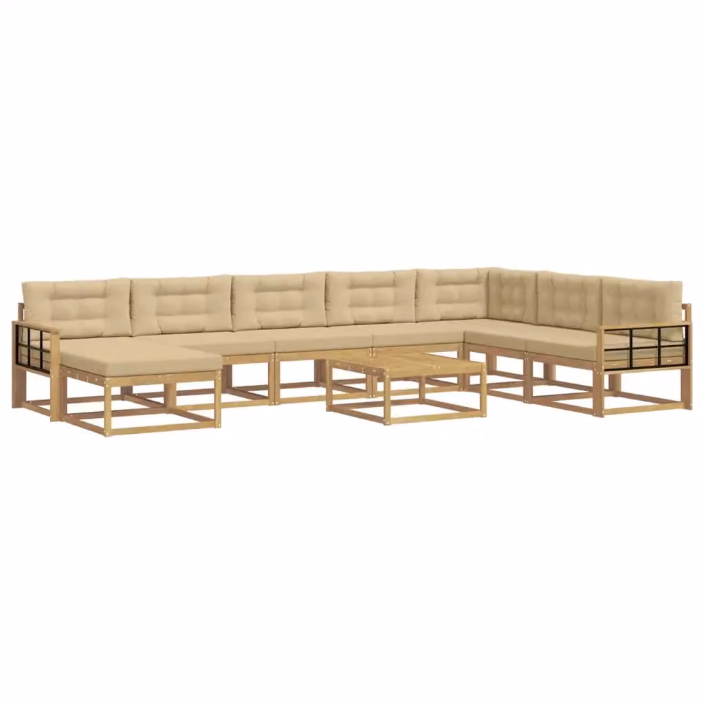 Set di divani da esterno a forma di U vidaXL in legno di acacia con tavolino e pouf, Bianco e Beige – 2