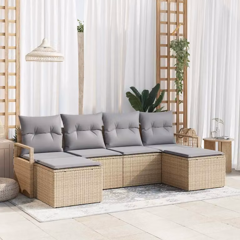 Set di divani da giardino vidaXL in polyrattan beige con cuscini e struttura in metallo resistente ai raggi UV