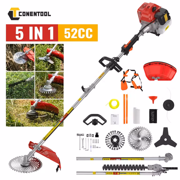 Tagliasiepi a benzina, 52cc, 2,5 kW, 5 funzioni - Attrezzo da giardino multifunzione - Serbatoio carburante da 1200 ml