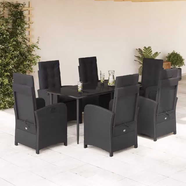 Set da Pranzo da Giardino VIDAXL in Polyrattan Nero con Tavolo in Vetro e 7 Sedute con Cuscini