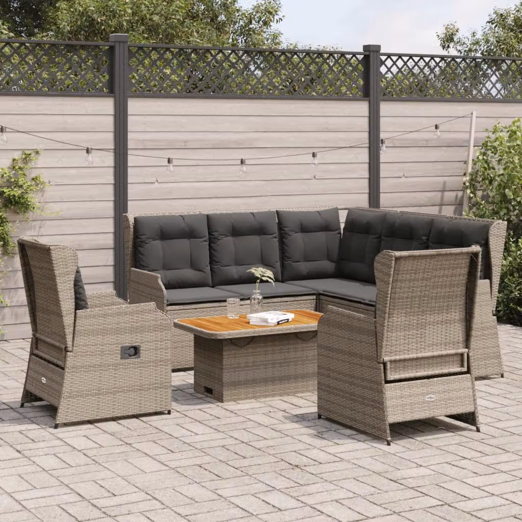 Set Divani da Giardino vidaXL 6 pz a Forma a L con Tavolino, Polyrattan e Acciaio, Grigio e Marrone