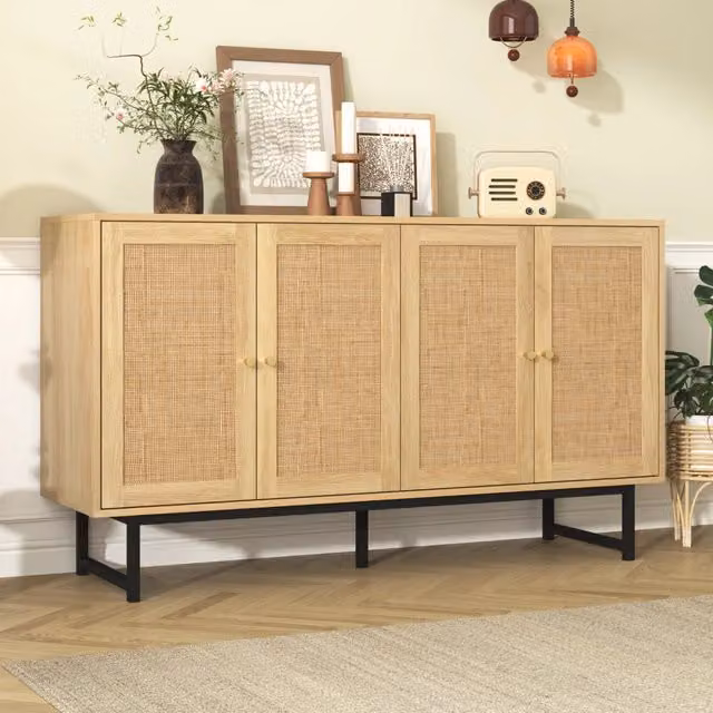 Madia REDOM con 4 ante in rattan e metallo, L/P/H: 140 x 39,5 x 80 cm