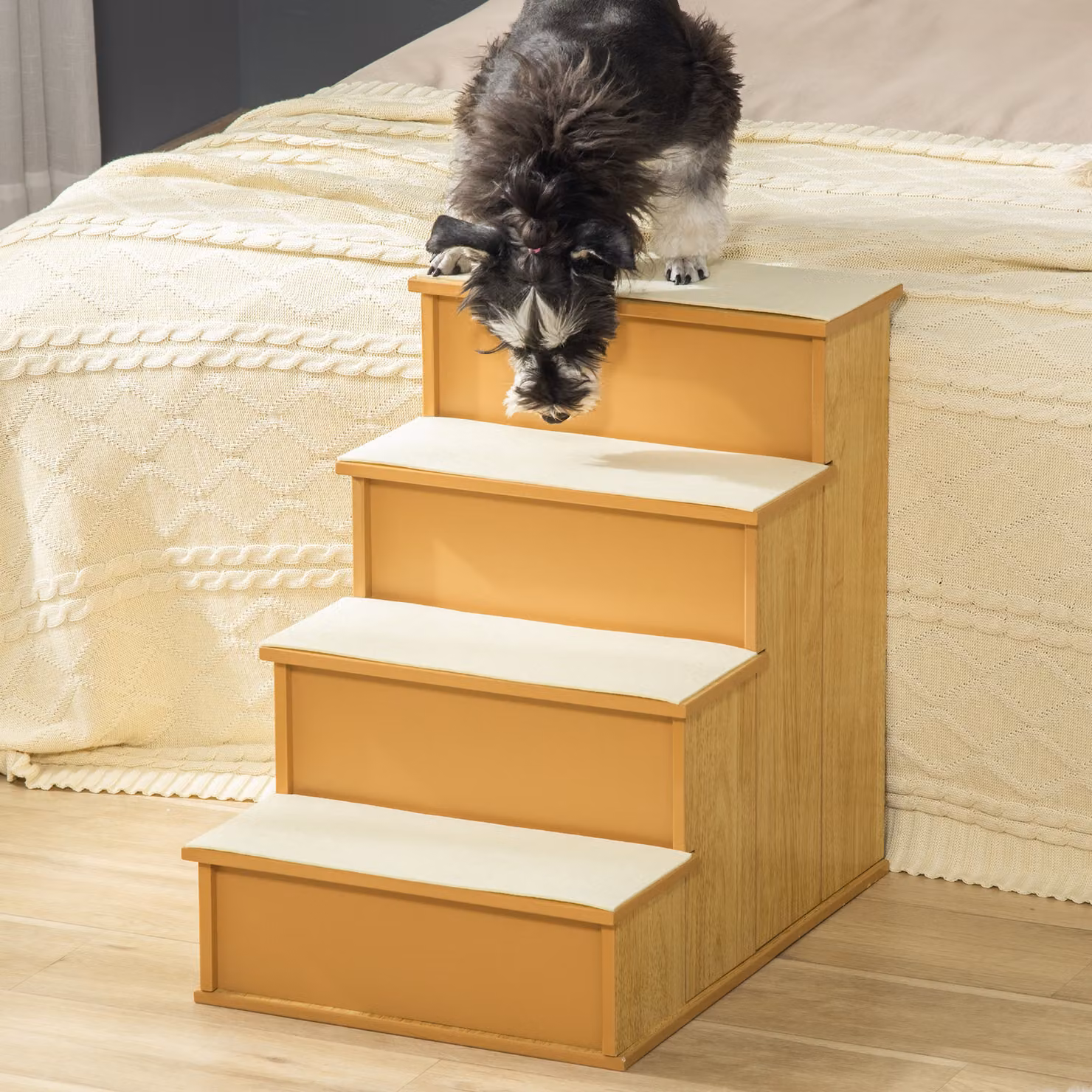 Scala per animali domestici PawHut con imbottiture estraibili, colore naturale e crema, L 40 cm x P 59 cm x H 54,2 cm – 2
