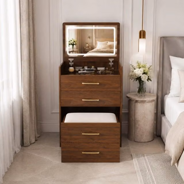 Toeletta angolare 3 in 1 Mivray con specchio ribaltabile, piano in vetro e sgabello contenitore in MDF color noce