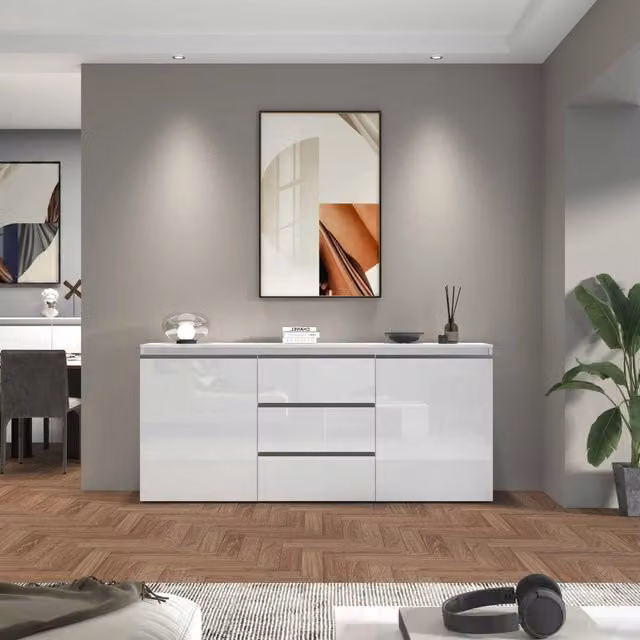 WHOUS Credenza a cassettiera Magic 2 ante e 3 cassetti bianco lucido 180x40x80 cm
