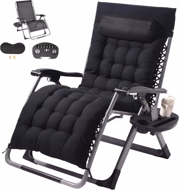 Poltrona Relax a Gravità Zero Reclinabile da Giardino, Sedia Pieghevole Regolabile 90°-170° con Poggiatesta e Portabicchieri, Carico 226,8 kg, Nero