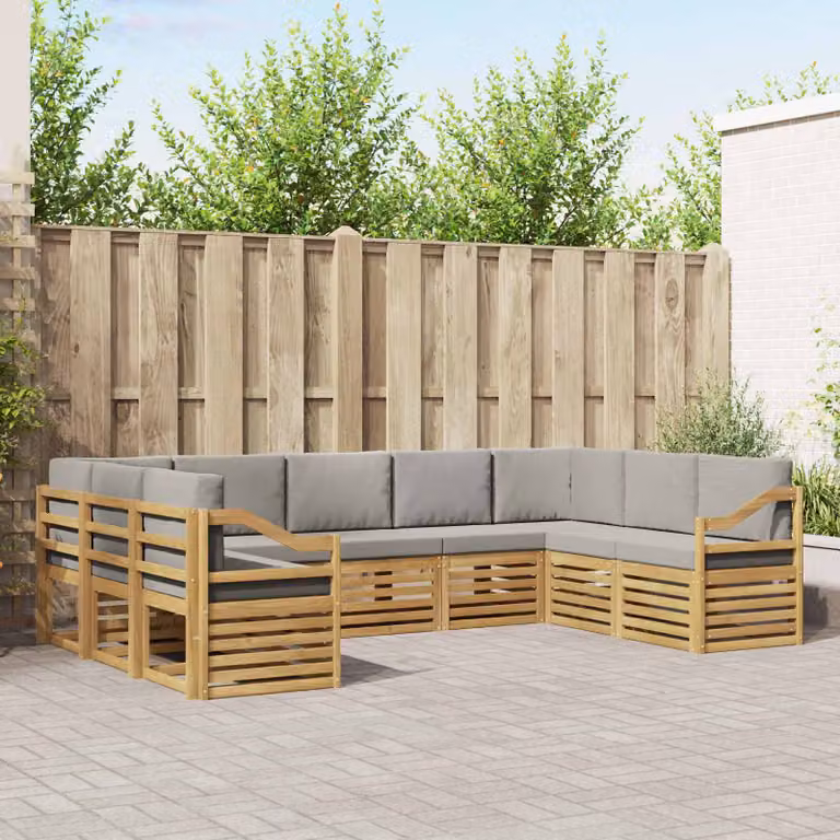 vidaXL Set di divani da esterno a forma di U composto da 9 pezzi in legno di acacia e poliestere bianco e grigio chiaro