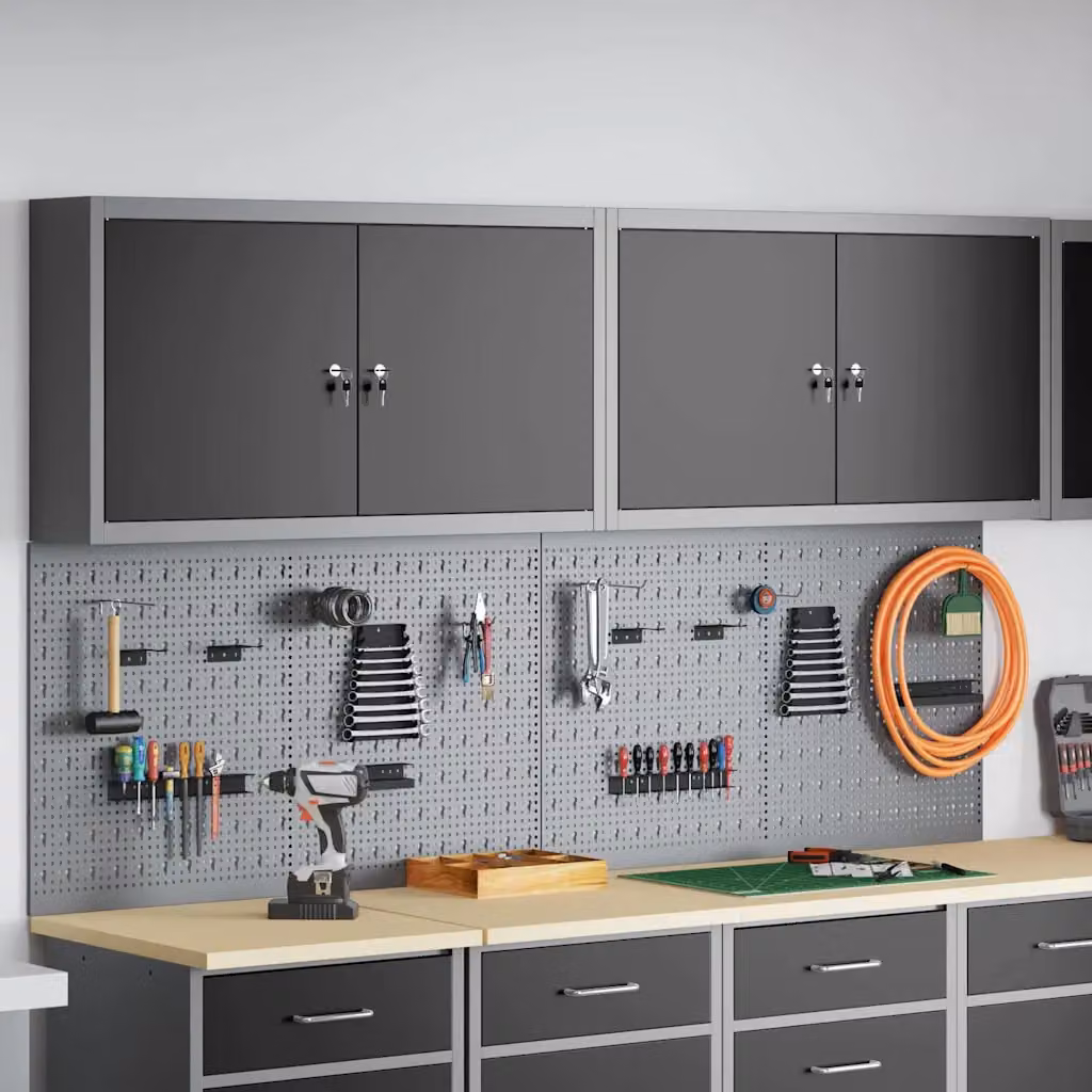 Set di 6 armadi per attrezzi vidaXL in acciaio nero con serratura e scaffali, montabili a parete