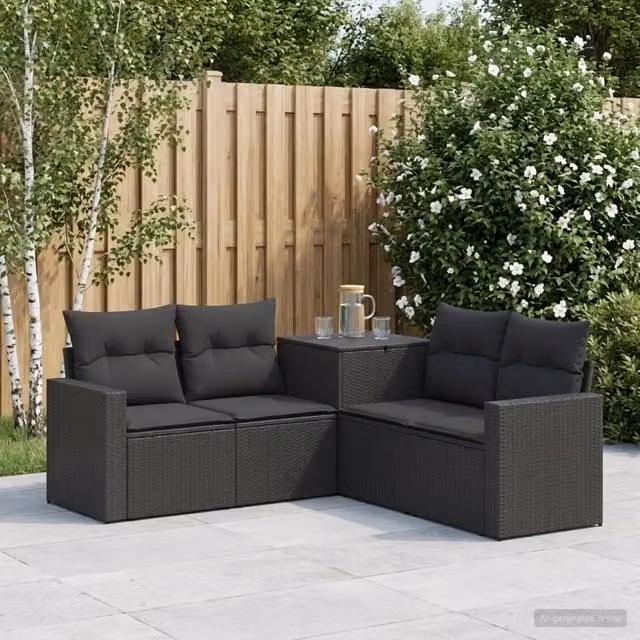 Set di divani da giardino a forma di L vidaXL in rattan sintetico e acciaio nero con cuscini inclusi