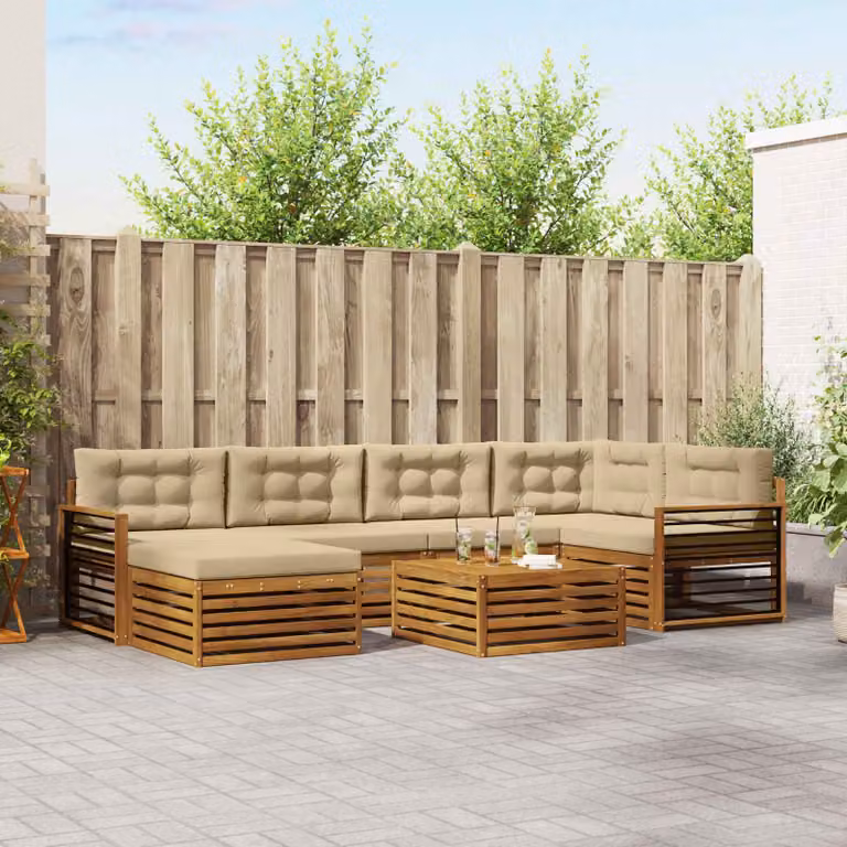 vidaXL Set di divani da esterno 7 pz in legno di acacia con cuscini, Beige e Marrone