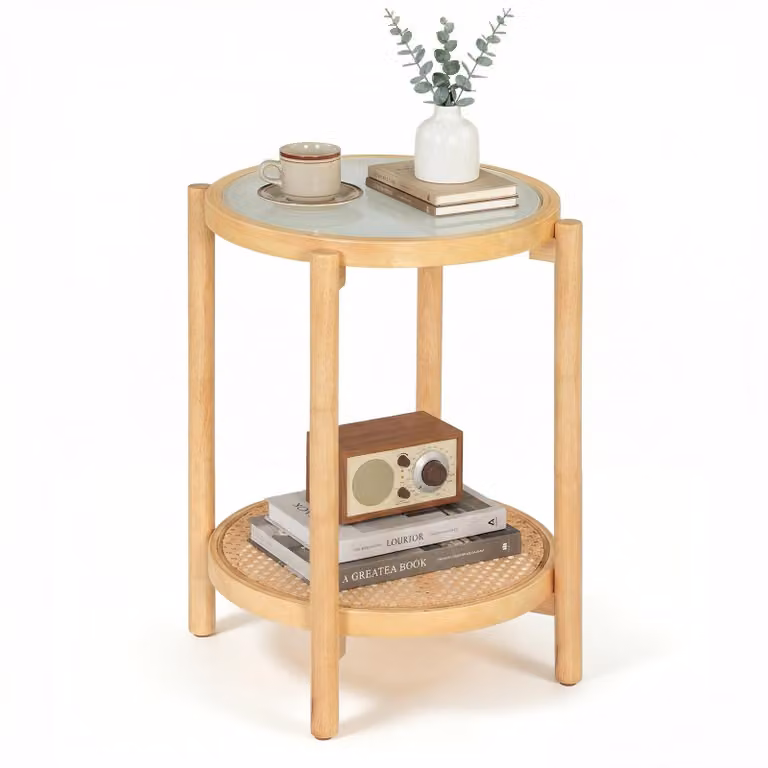 Tavolino COSTWAY con piano in vetro e ripiano in rattan, tavolino rotondo con spazio contenitivo, comodino in legno di acacia, 47,5 x 47,5 x 58 cm, colore naturale