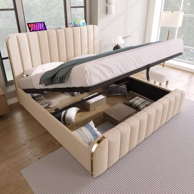 Letto contenitore 140 × 200 cm con rete a doghe; sollevamento idraulico; USB e Type-C; lino beige